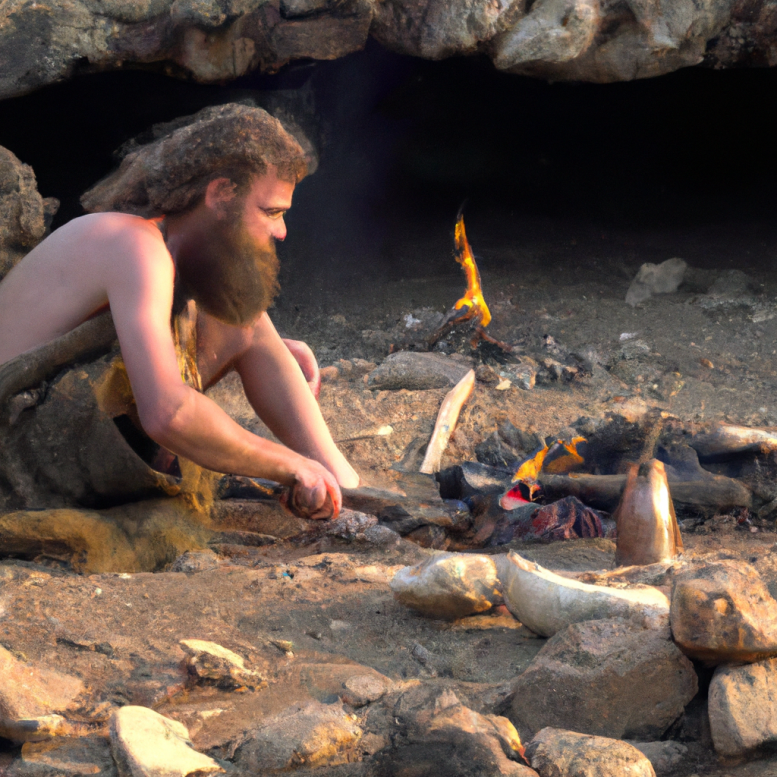 Caveman cooking over fire with primative tools, 4k high resolution